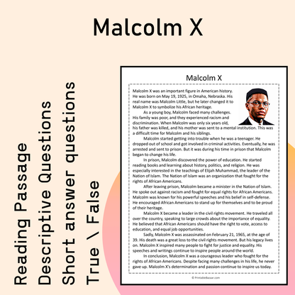 Malcolm X | Reading Comprehension Passage Printable Activity