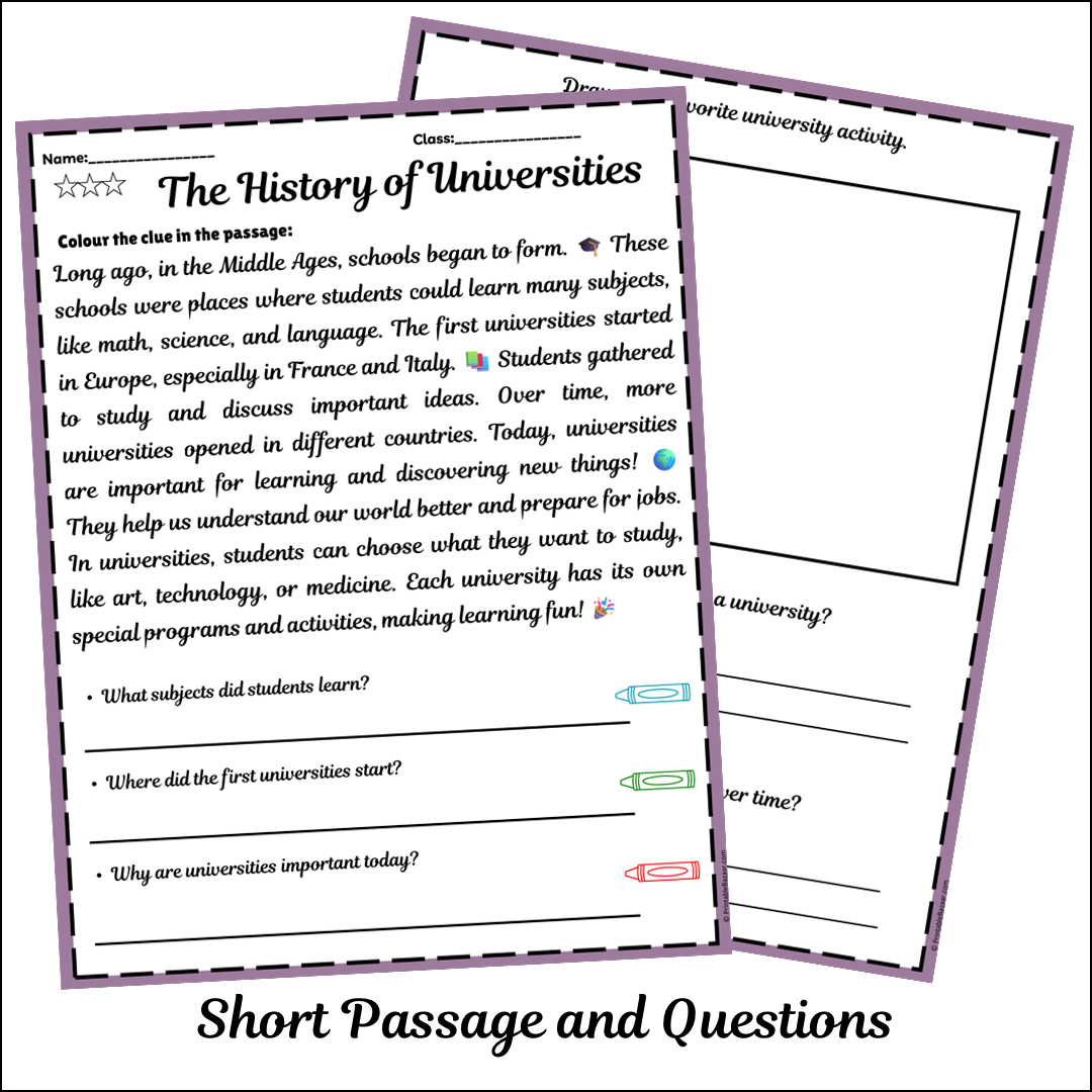 The History of Universities | Short Reading Comprehension Creative Worksheet