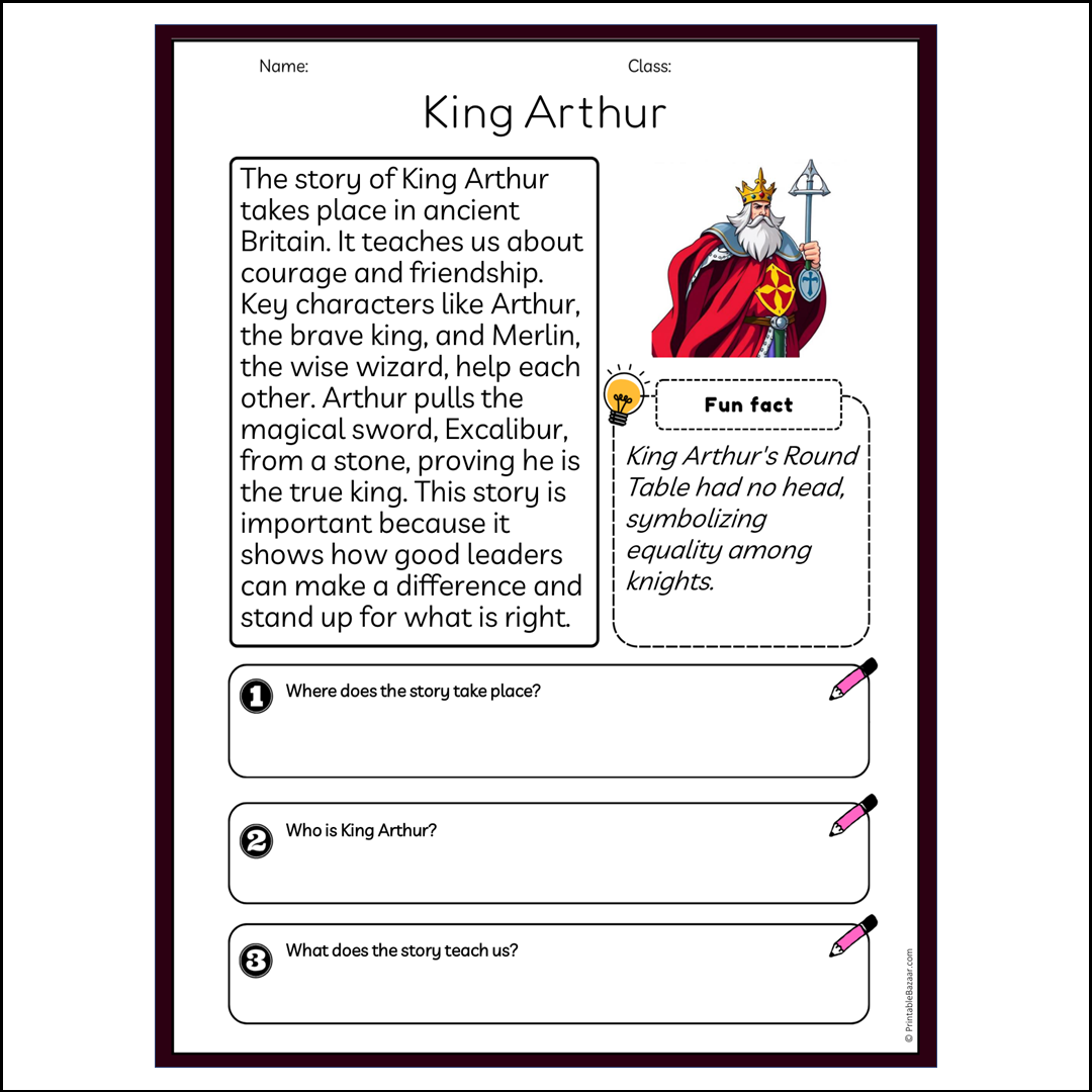 King Arthur | Reading Passage Comprehension Questions Writing Facts Worksheet