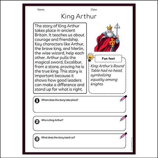 King Arthur | Reading Passage Comprehension Questions Writing Facts Worksheet