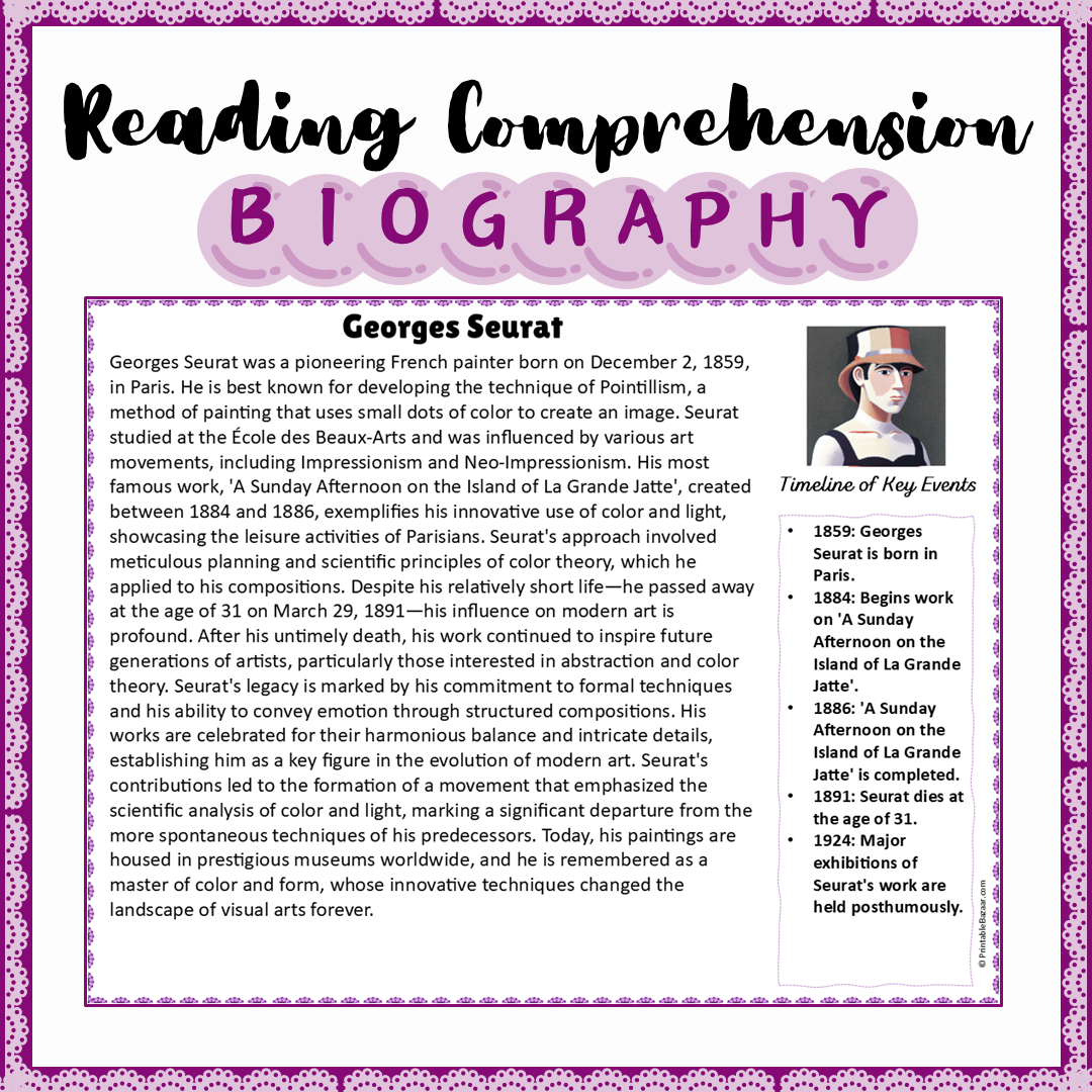 Georges Seurat | Biography Reading Comprehension and Questions Worksheet