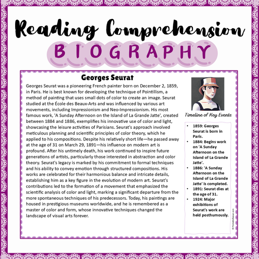 Georges Seurat | Biography Reading Comprehension and Questions Worksheet