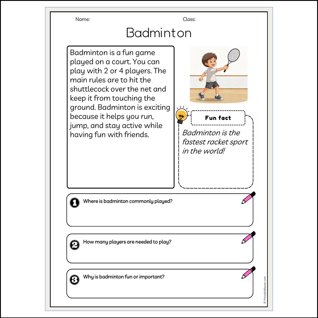 Badminton | Reading Passage Comprehension Questions Writing Facts Worksheet