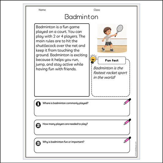 Badminton | Reading Passage Comprehension Questions Writing Facts Worksheet