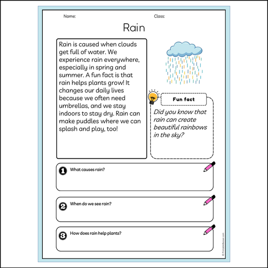 Rain | Reading Passage Comprehension Questions Writing Facts Worksheet