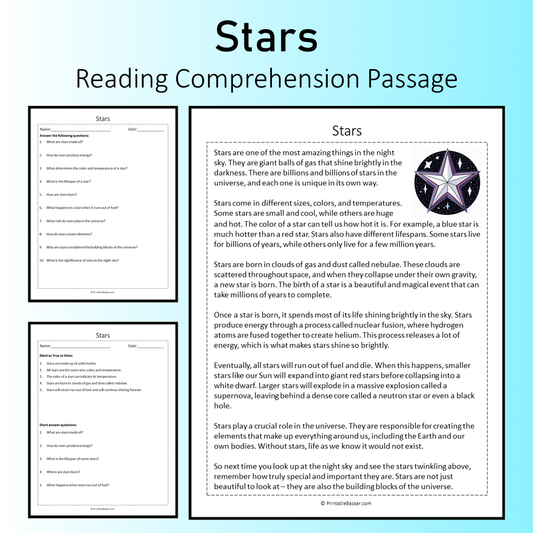 Stars | Reading Comprehension Passage Printable Worksheet