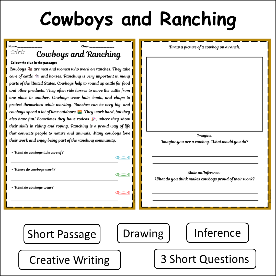 Cowboys and Ranching | Short Reading Comprehension Creative Worksheet