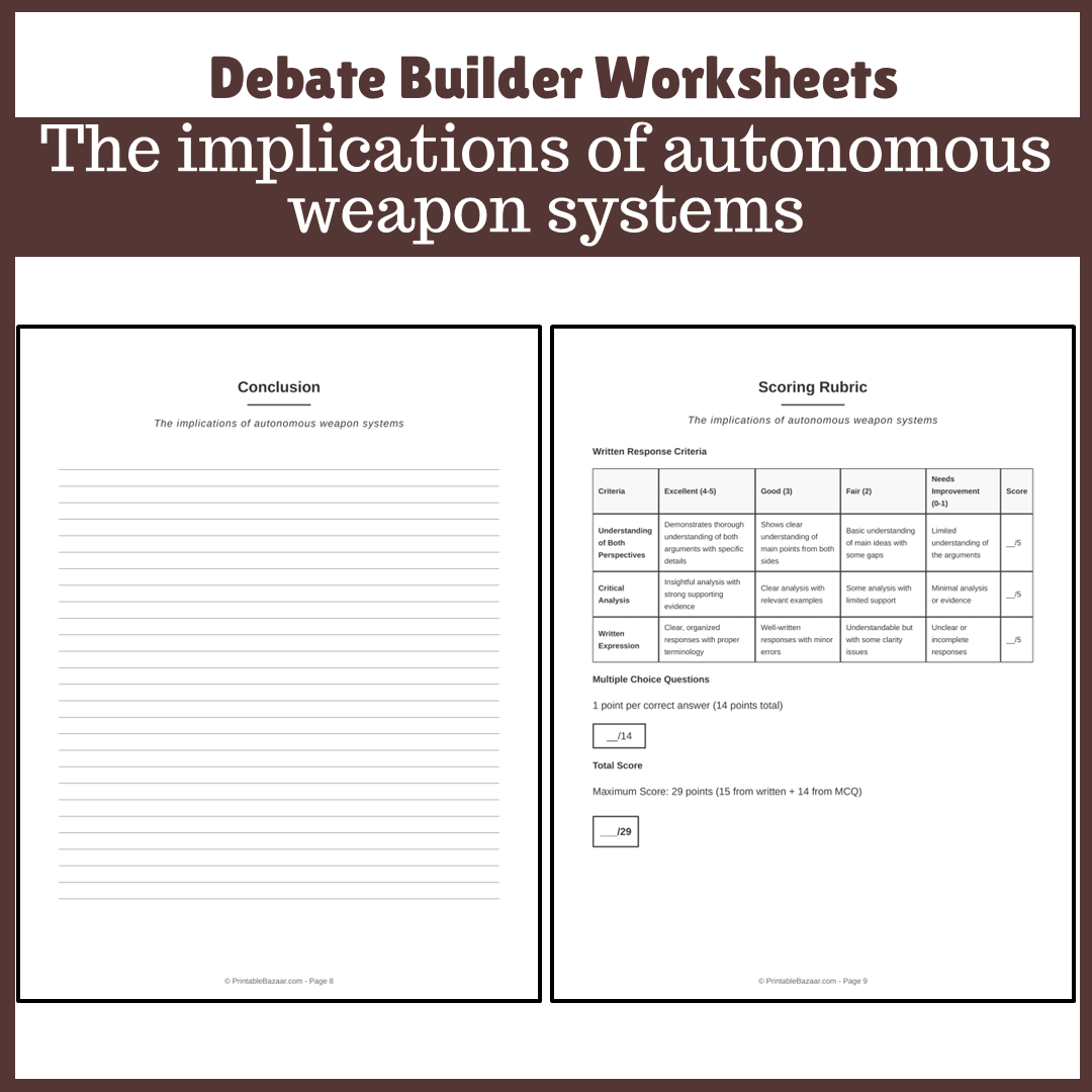 The implications of autonomous weapon systems | Favour and Against Worksheet Printable Activity