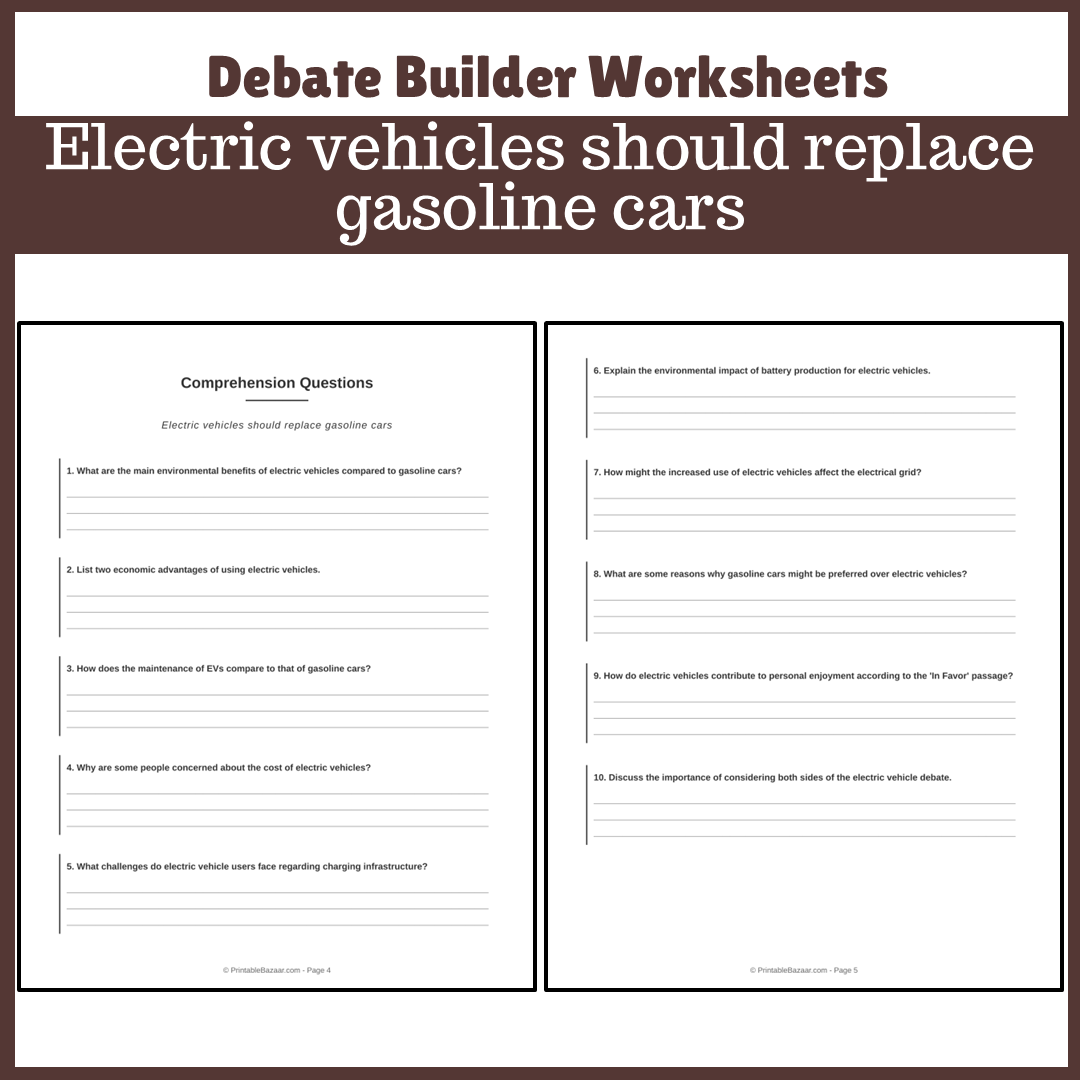 Electric vehicles should replace gasoline cars | Favour and Against Worksheet Printable Activity