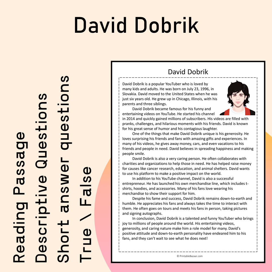David Dobrik | Reading Comprehension Passage Printable Activity