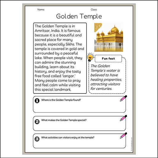 Golden Temple | Reading Passage Comprehension Questions Writing Facts Worksheet