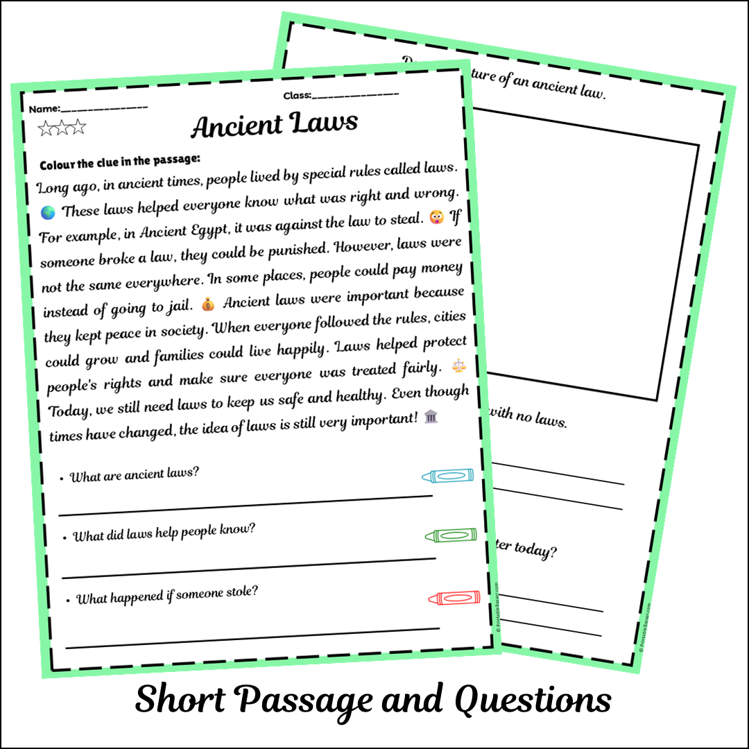 Ancient Laws | Short Reading Comprehension Creative Worksheet