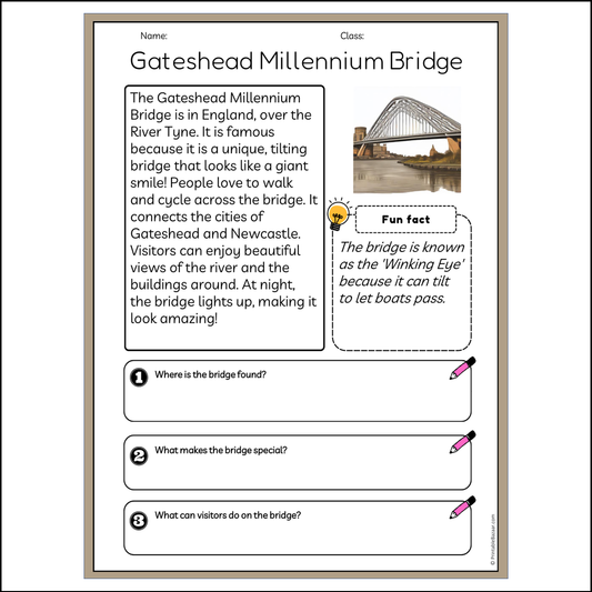 Gateshead Millennium Bridge | Reading Passage Comprehension Questions Writing Facts Worksheet