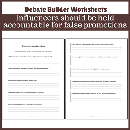 Influencers should be held accountable for false promotions | Favour and Against Worksheet Printable Activity