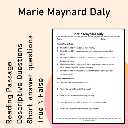 Marie Maynard Daly | Reading Comprehension Passage Printable Activity