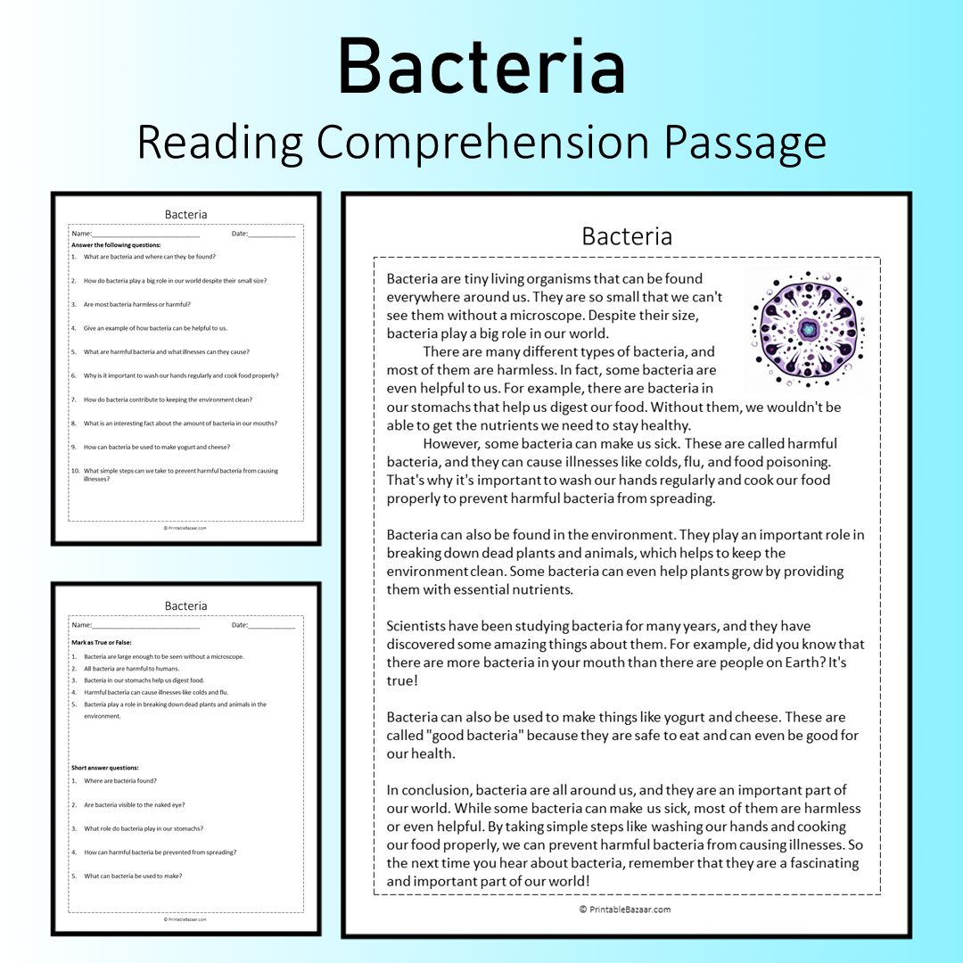 Bacteria | Reading Comprehension Passage Printable Worksheet