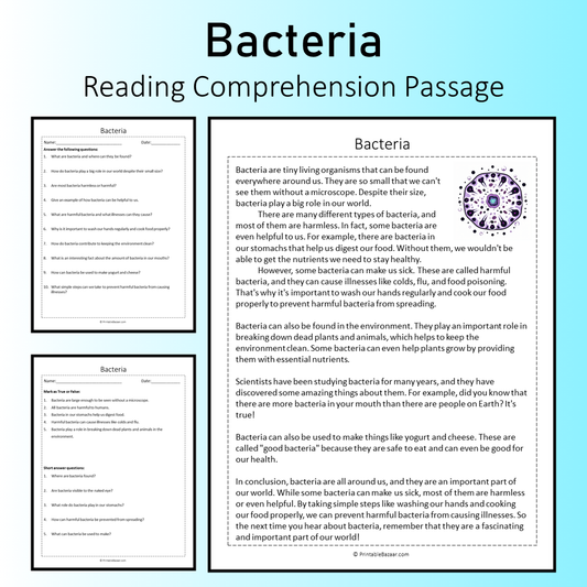 Bacteria | Reading Comprehension Passage Printable Worksheet