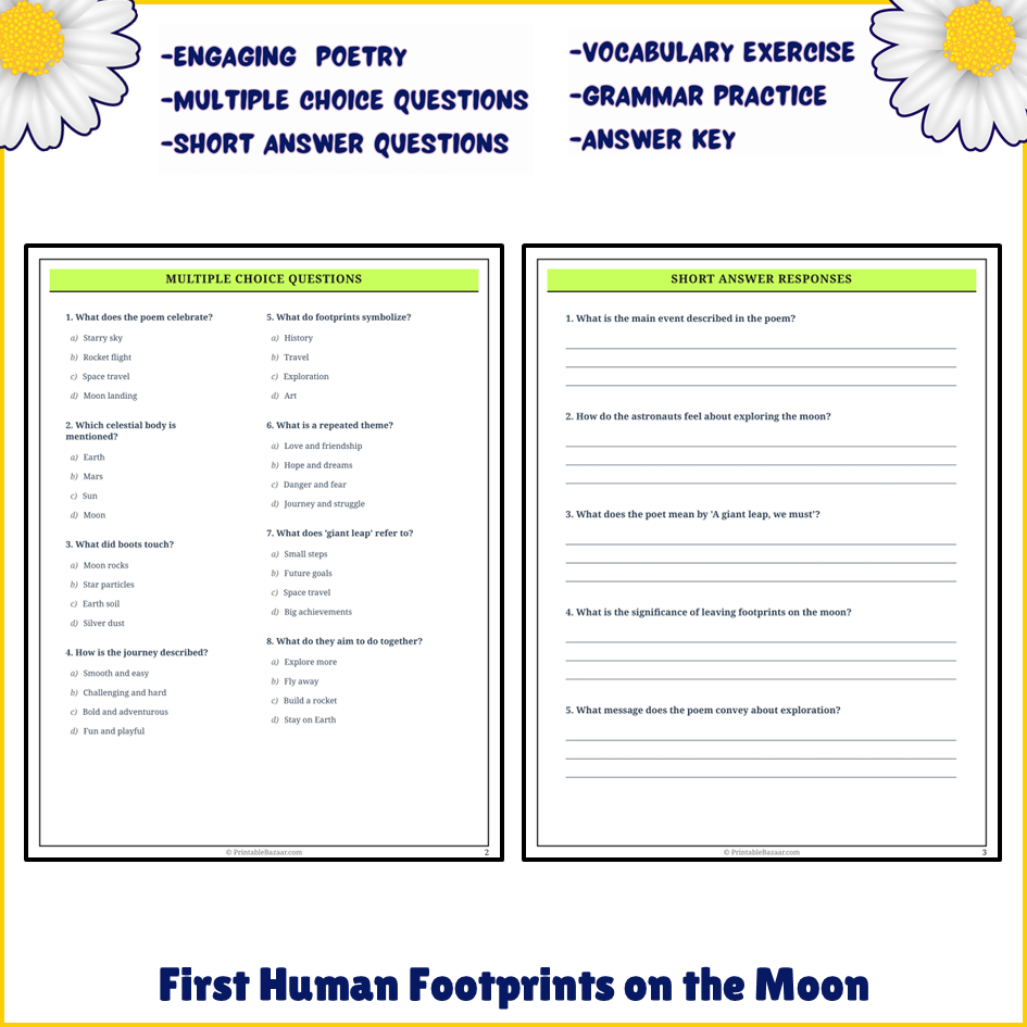 First Human Footprints on the Moon | Poem Grammar Worksheet Printable Activity