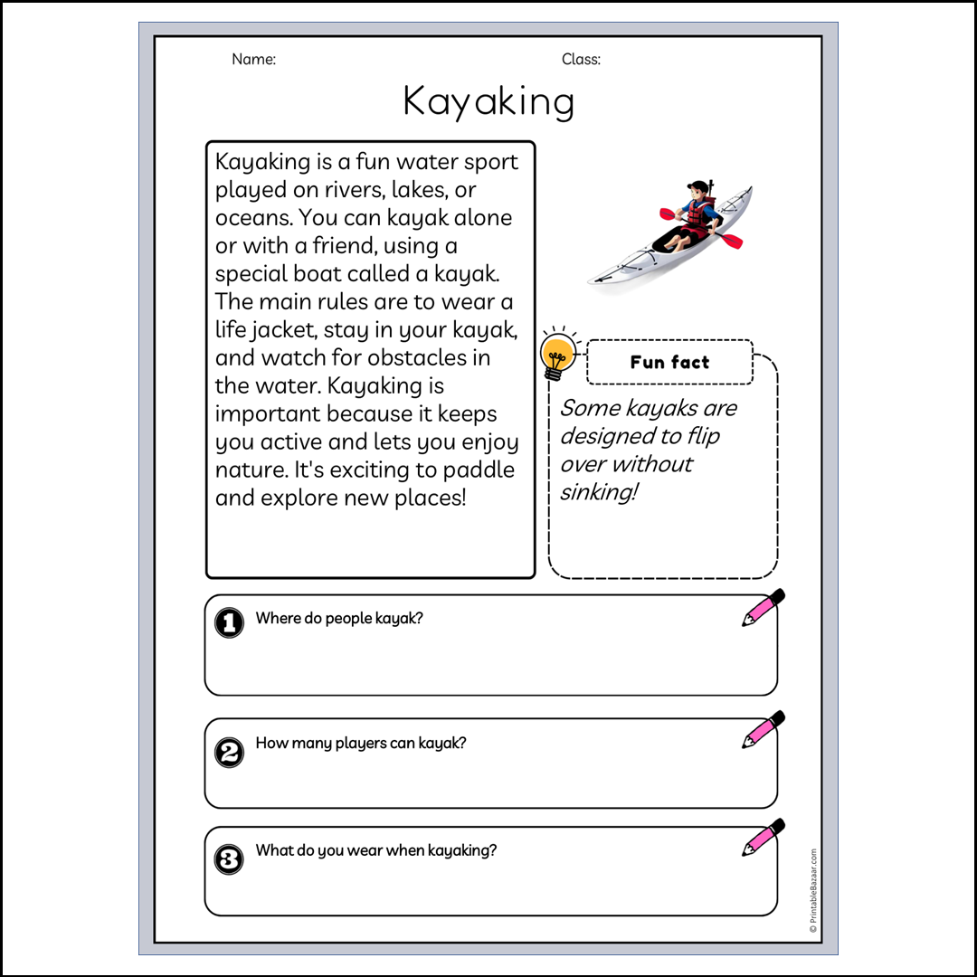 Kayaking | Reading Passage Comprehension Questions Writing Facts Worksheet