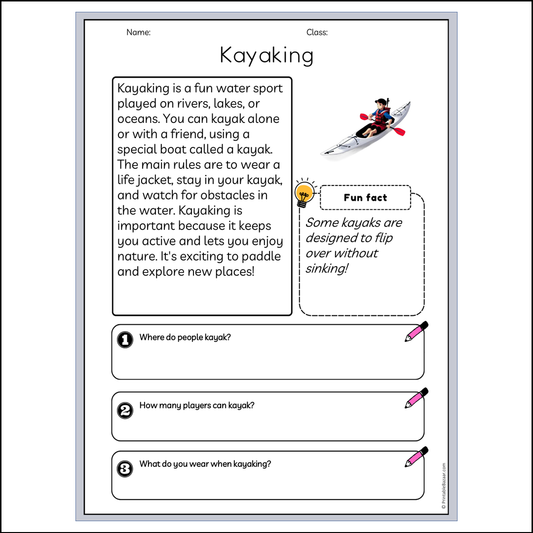 Kayaking | Reading Passage Comprehension Questions Writing Facts Worksheet