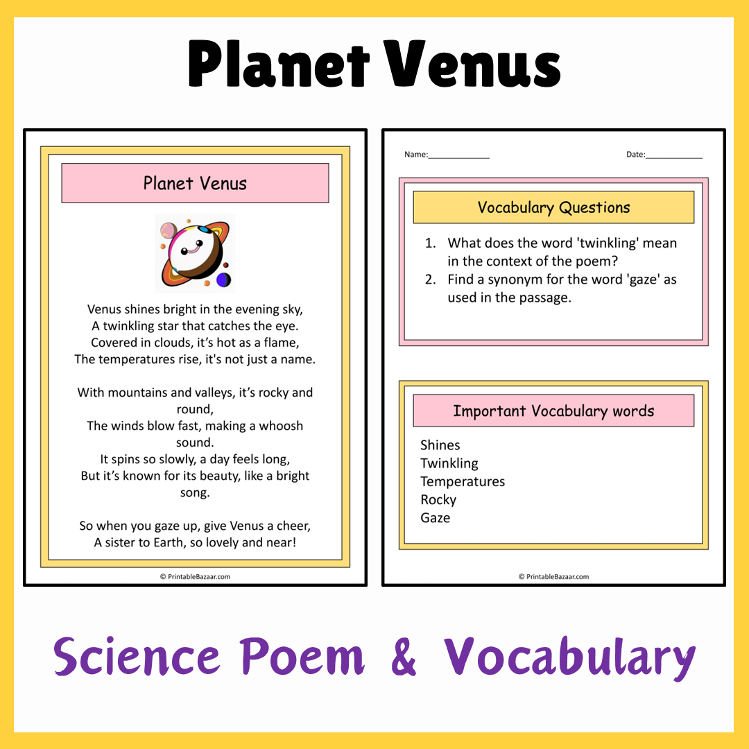 Planet Venus | Science Poem Reading Comprehension Activity