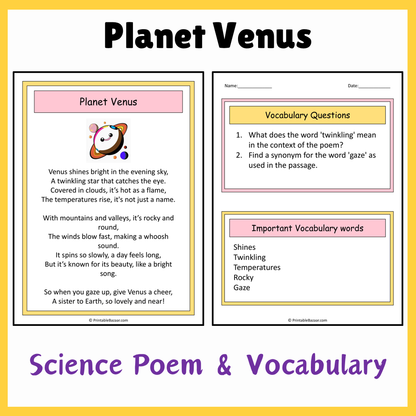 Planet Venus | Science Poem Reading Comprehension Activity