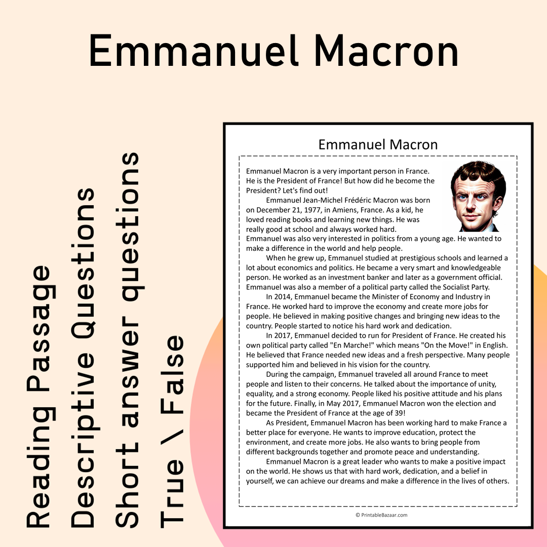 Emmanuel Macron | Reading Comprehension Passage Printable Activity