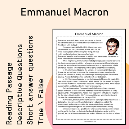 Emmanuel Macron | Reading Comprehension Passage Printable Activity