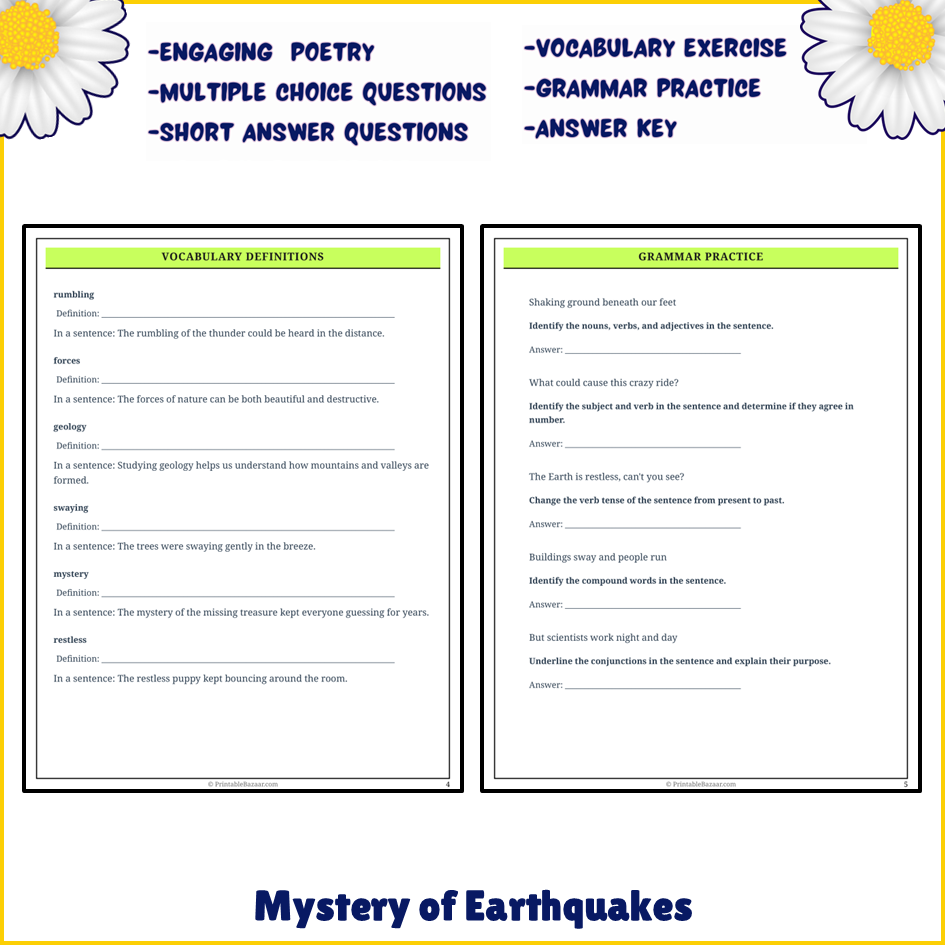 Mystery of Earthquakes | Poem Grammar Worksheet Printable Activity