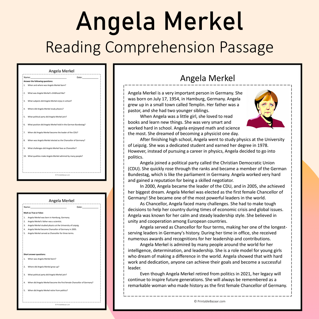 Angela Merkel | Reading Comprehension Passage Printable Activity