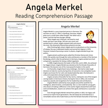 Angela Merkel | Reading Comprehension Passage Printable Activity