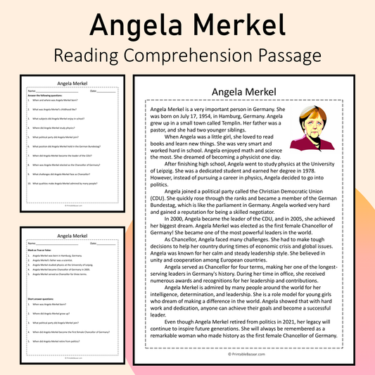 Angela Merkel | Reading Comprehension Passage Printable Activity