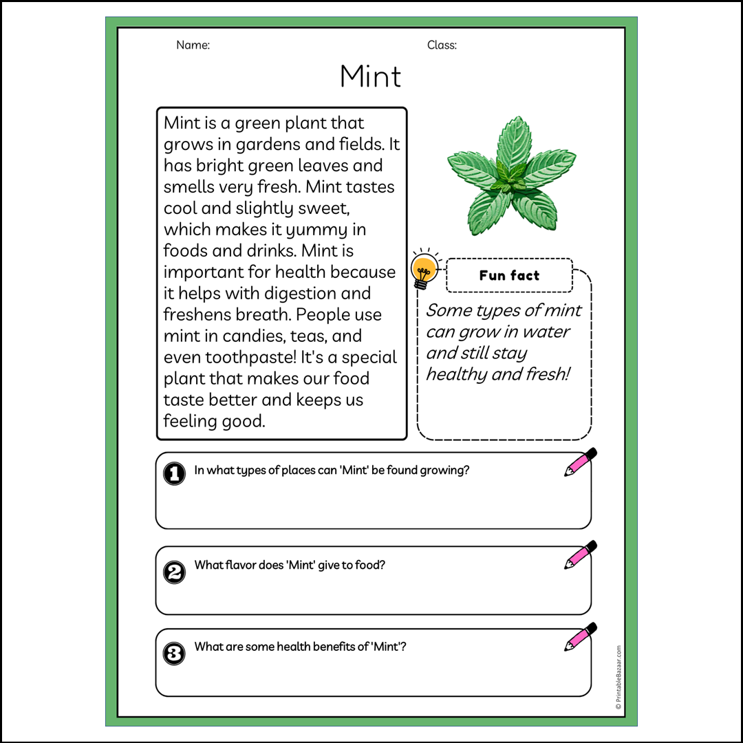 Mint | Reading Passage Comprehension Questions Writing Facts Worksheet