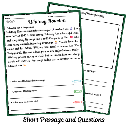 Whitney Houston | Short Reading Comprehension Creative Worksheet