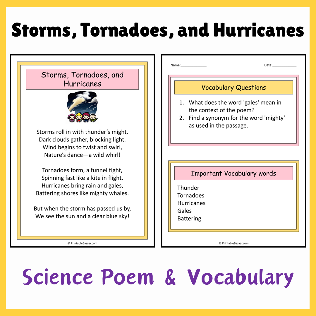 Storms, Tornadoes, and Hurricanes | Science Poem Reading Comprehension Activity