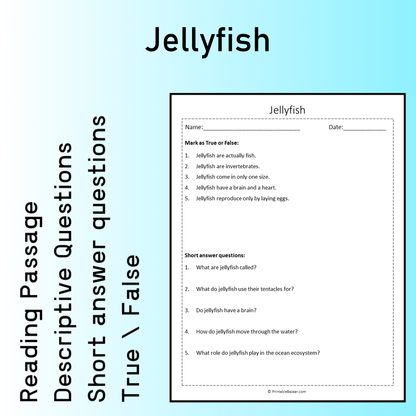 Jellyfish | Reading Comprehension Passage Printable Worksheet