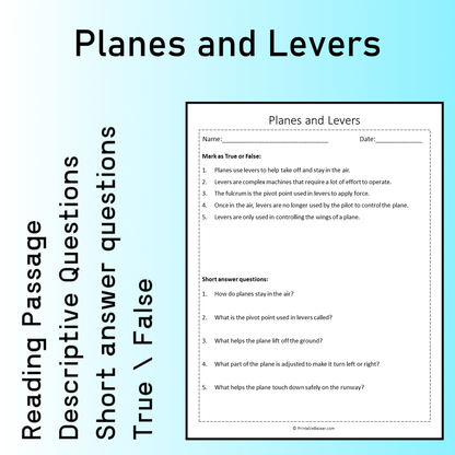 Planes and Levers | Reading Comprehension Passage Printable Worksheet