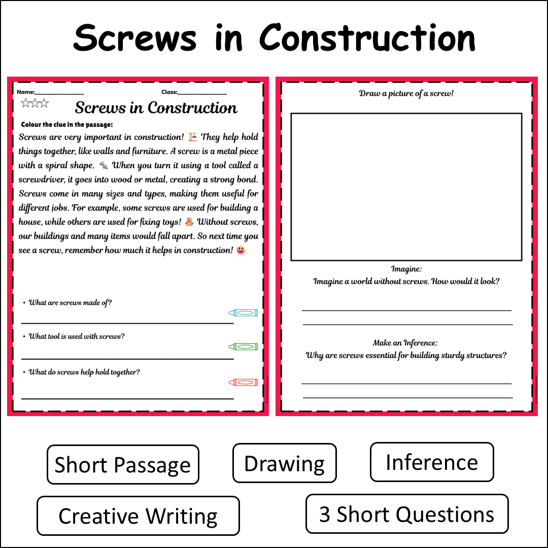 Screws in Construction | Short Reading Comprehension Creative Worksheet