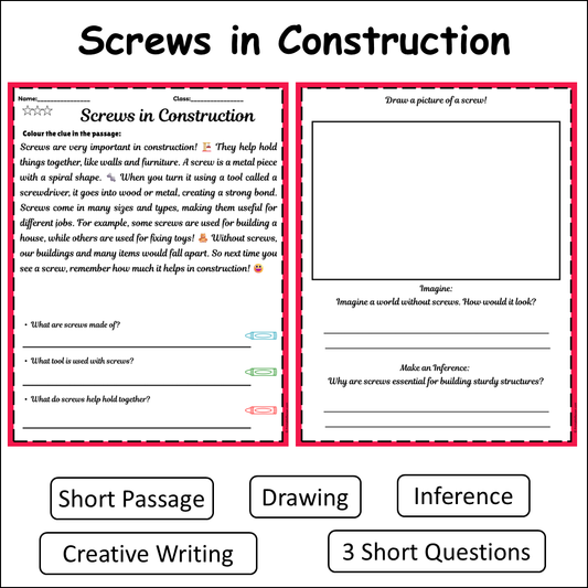 Screws in Construction | Short Reading Comprehension Creative Worksheet