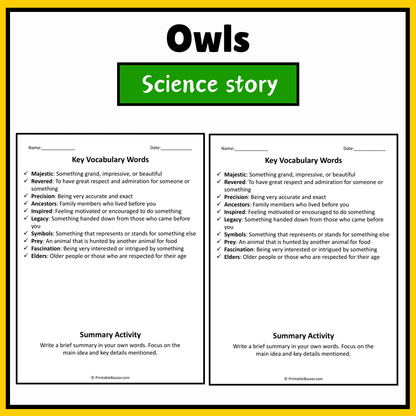 Owls | Science Story Reading Comprehension Activity
