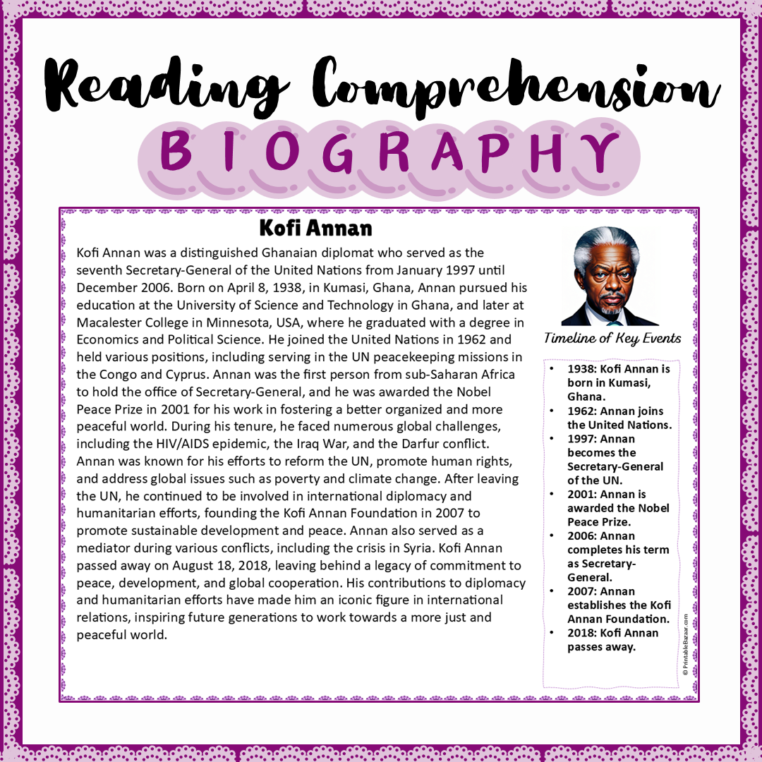 Kofi Annan | Biography Reading Comprehension and Questions Worksheet