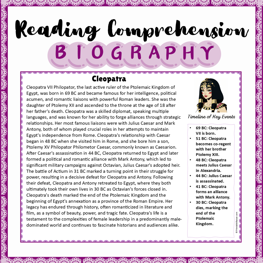 Cleopatra | Biography Reading Comprehension and Questions Worksheet