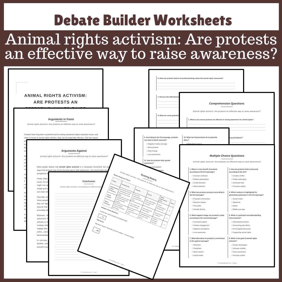 Animal rights activism: Are protests an effective way to raise awareness? | Favour and Against Worksheet Printable Activity
