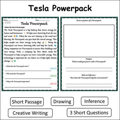 Tesla Powerpack | Short Reading Comprehension Creative Worksheet