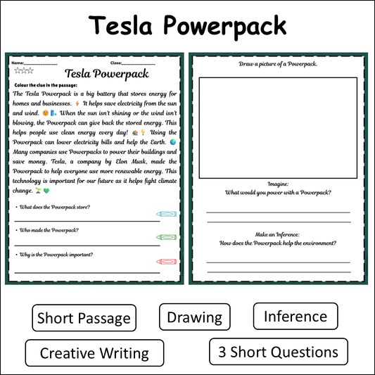 Tesla Powerpack | Short Reading Comprehension Creative Worksheet