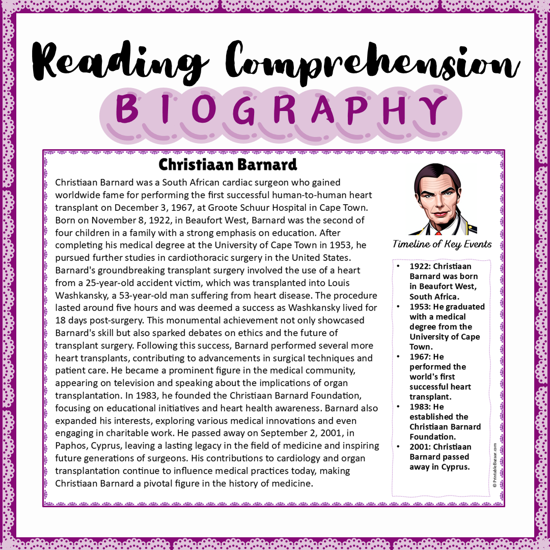 Christiaan Barnard | Biography Reading Comprehension and Questions Worksheet