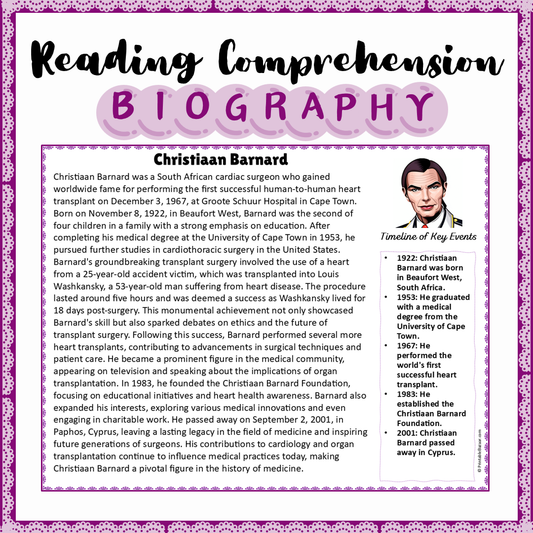 Christiaan Barnard | Biography Reading Comprehension and Questions Worksheet