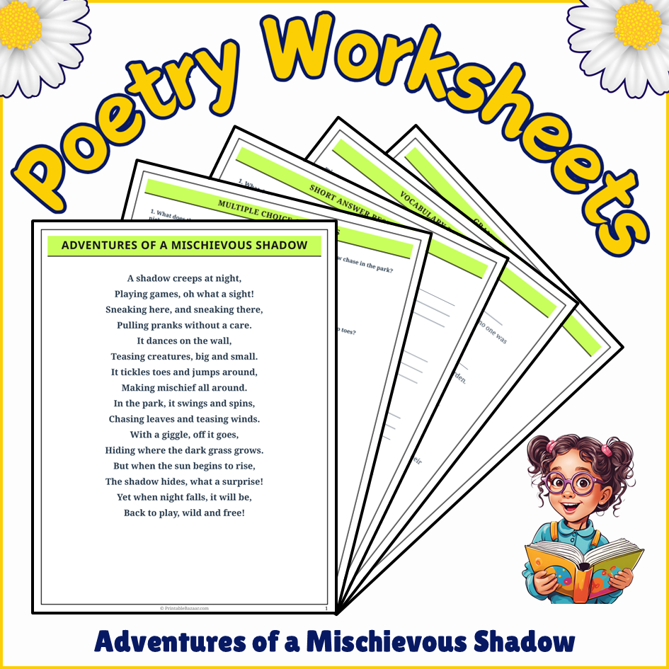 Adventures of a Mischievous Shadow | Poem Grammar Worksheet Printable Activity