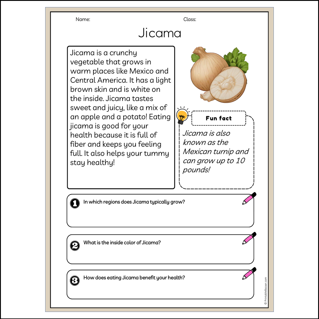 Jicama | Reading Passage Comprehension Questions Writing Facts Worksheet