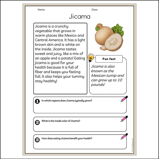 Jicama | Reading Passage Comprehension Questions Writing Facts Worksheet